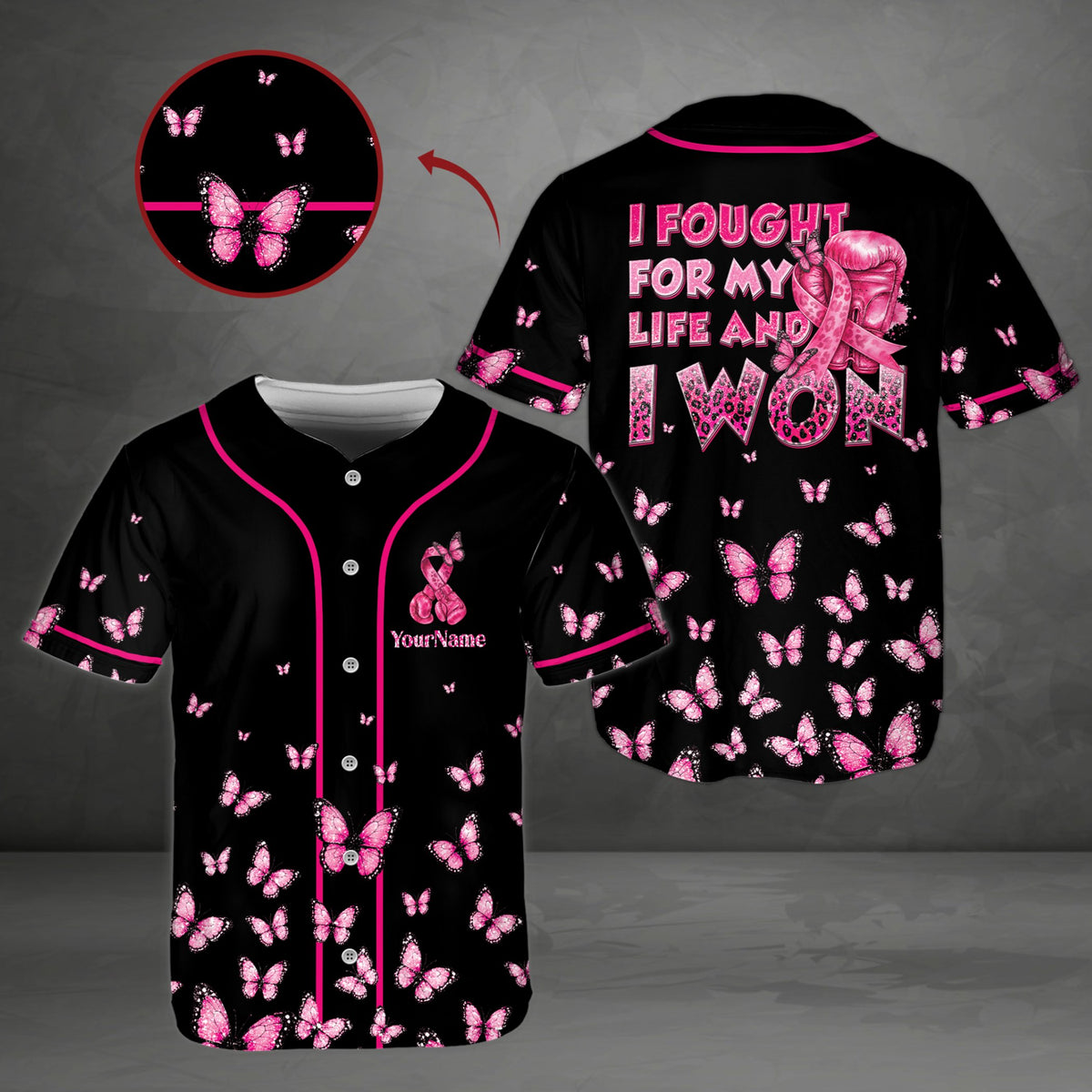 Front view of the breast cancer awareness baseball jersey in black