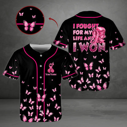 Front view of the breast cancer awareness baseball jersey in black