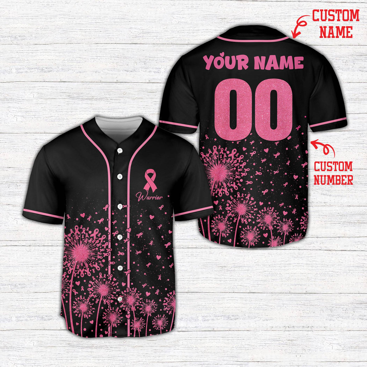 Black personalized floral baseball jersey with breast cancer awareness design, front view