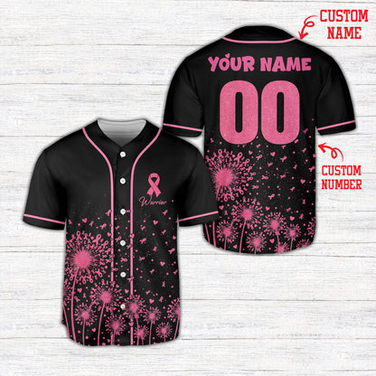 Black personalized floral baseball jersey with breast cancer awareness design, front view