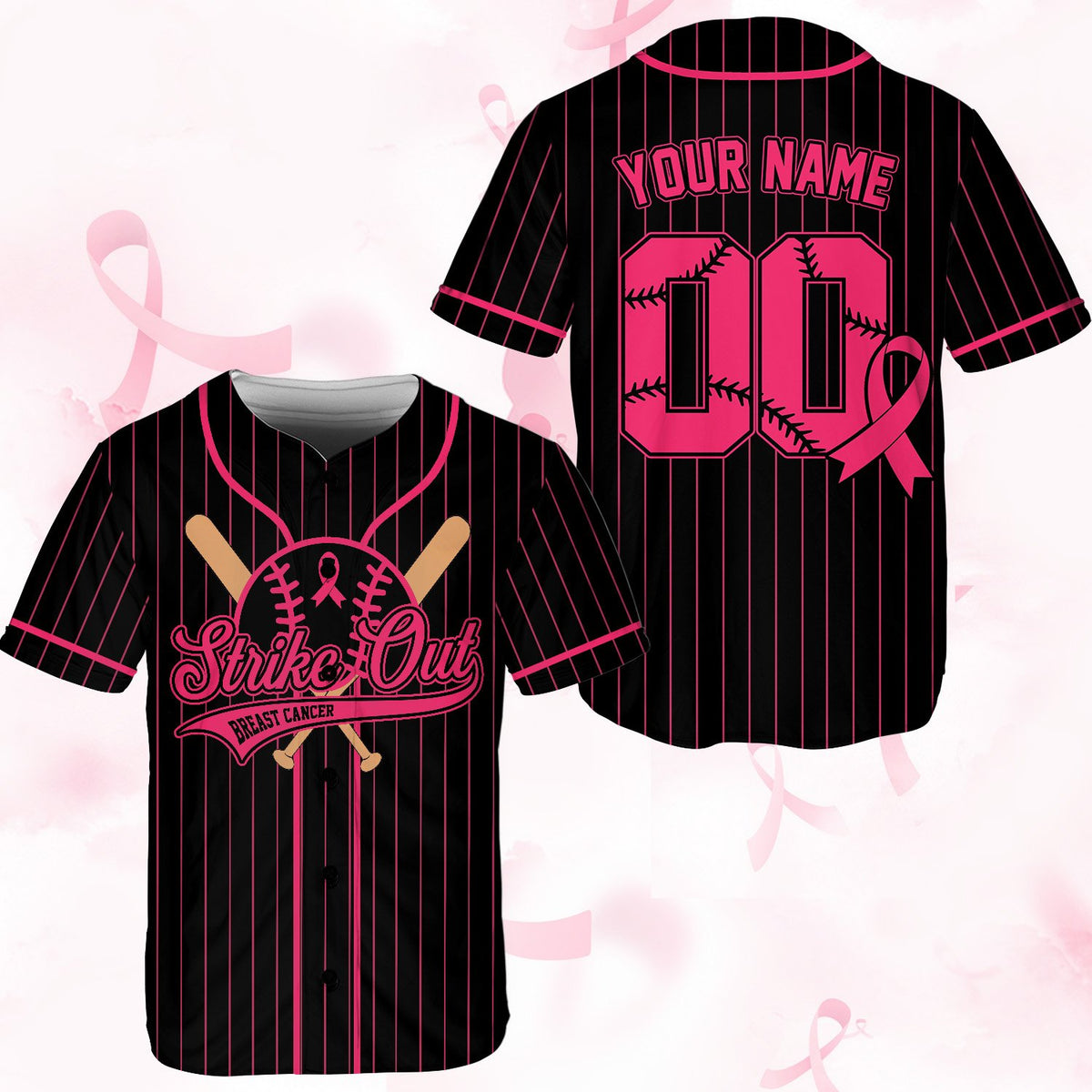 Close-up front view of black custom baseball jersey for breast cancer awareness