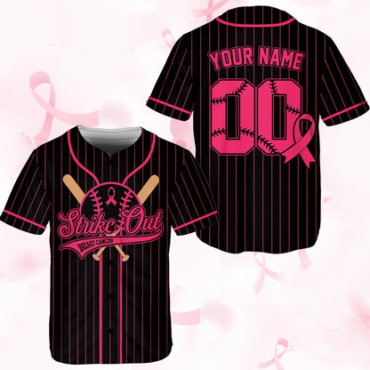 Close-up front view of black custom baseball jersey for breast cancer awareness