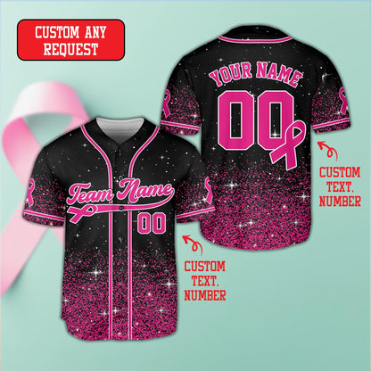 Breast cancer awareness baseball jersey with pink ribbons and sparkles, black front view