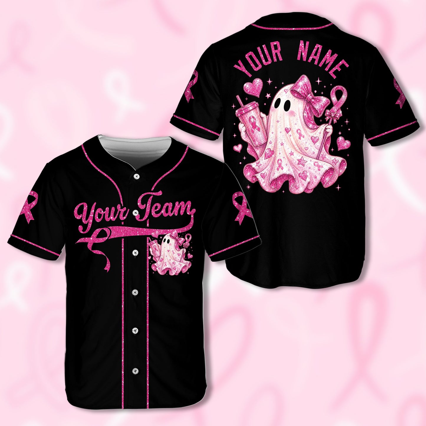 Black breast cancer awareness baseball jersey with name on back featuring a pink ghost and ribbon design, front view