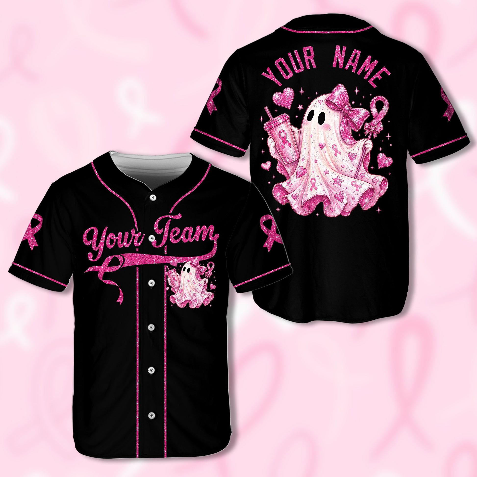 Black breast cancer awareness baseball jersey with name on back featuring a pink ghost and ribbon design, front view