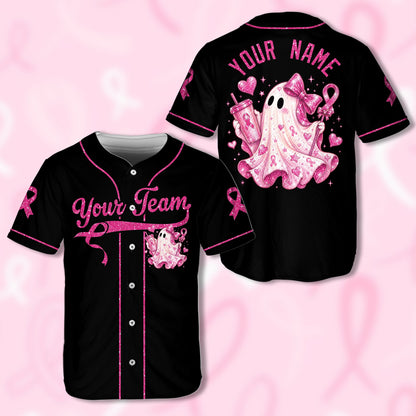 Black breast cancer awareness baseball jersey with name on back featuring a pink ghost and ribbon design, front view