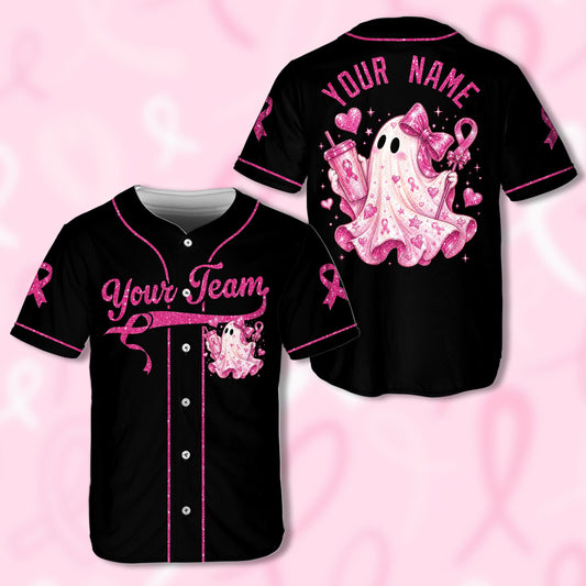 Black breast cancer awareness baseball jersey with name on back featuring a pink ghost and ribbon design, front view
