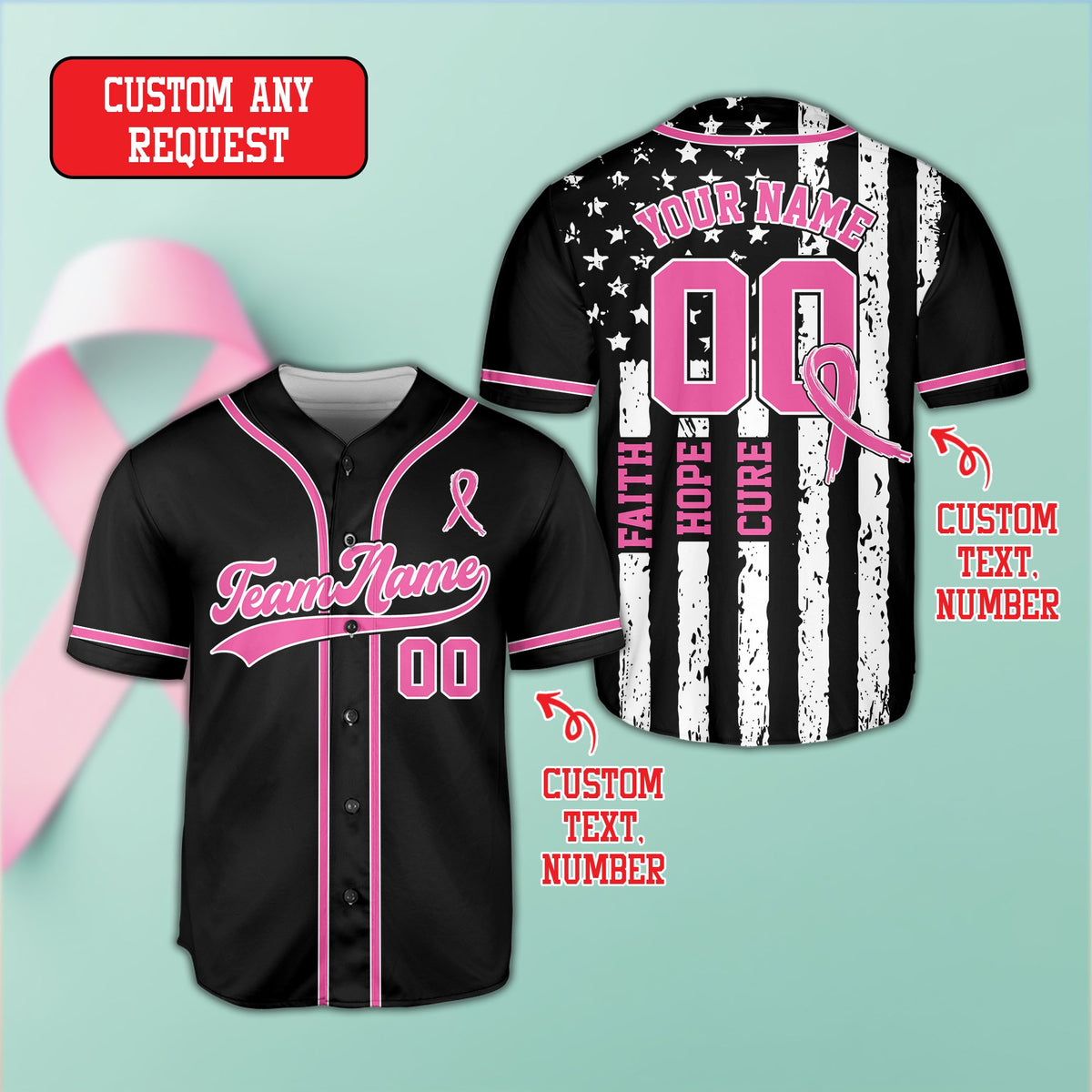 Close-up front view of the personalized baseball jersey detailing