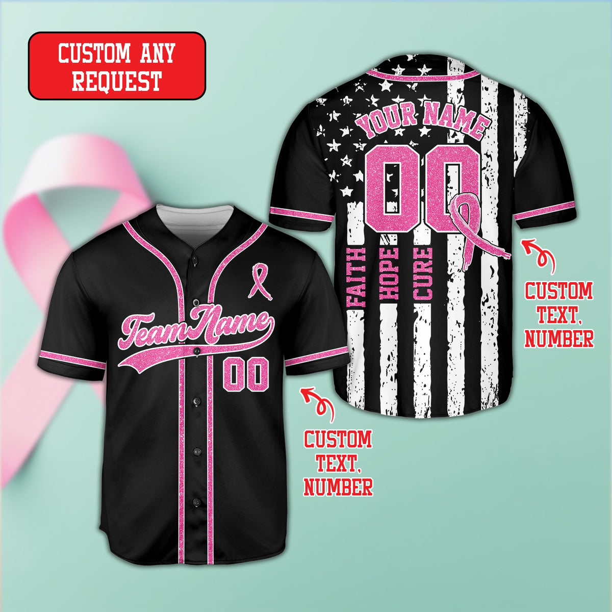 Another front angle of the black breast cancer awareness baseball jersey
