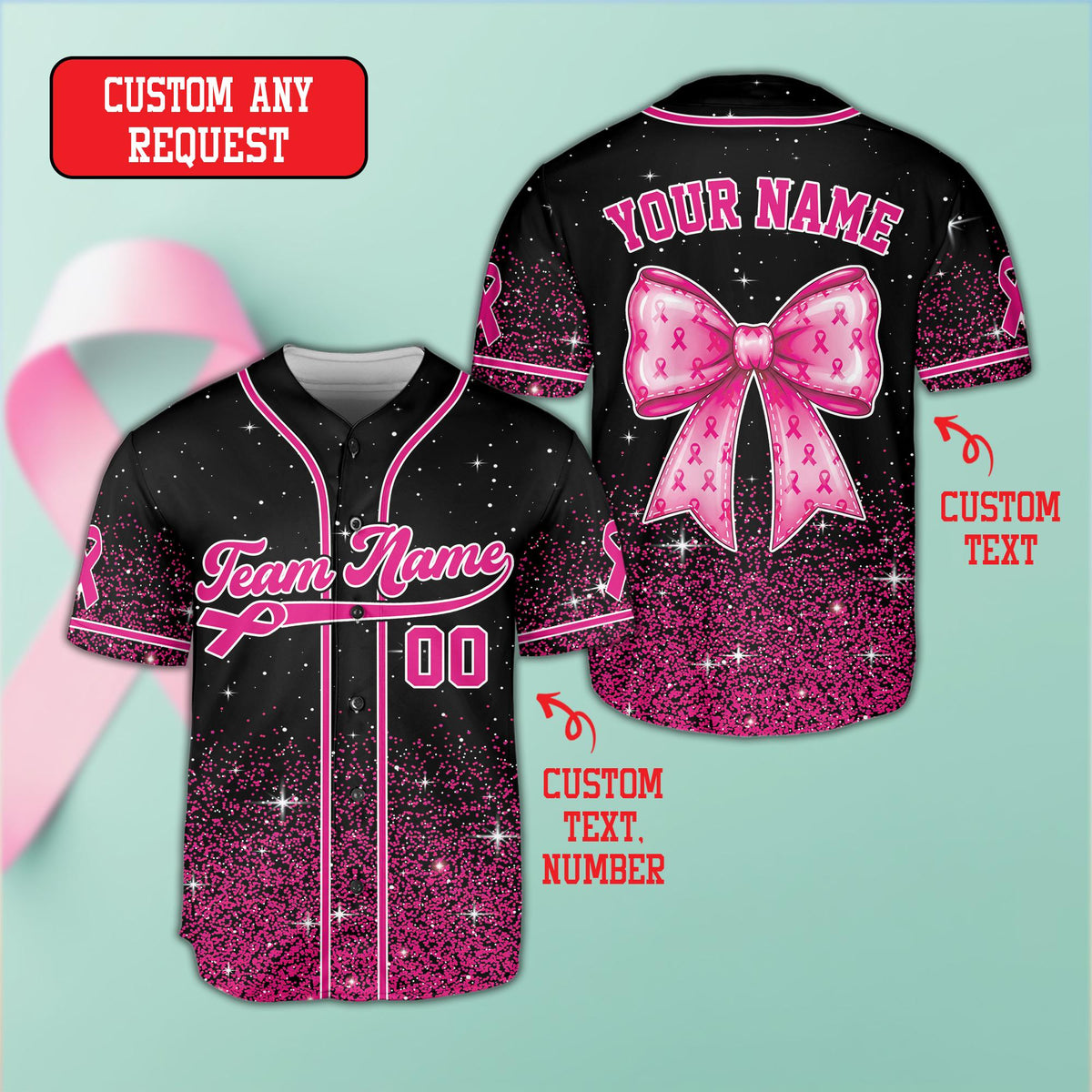 Front view of personalized breast cancer awareness baseball jersey black