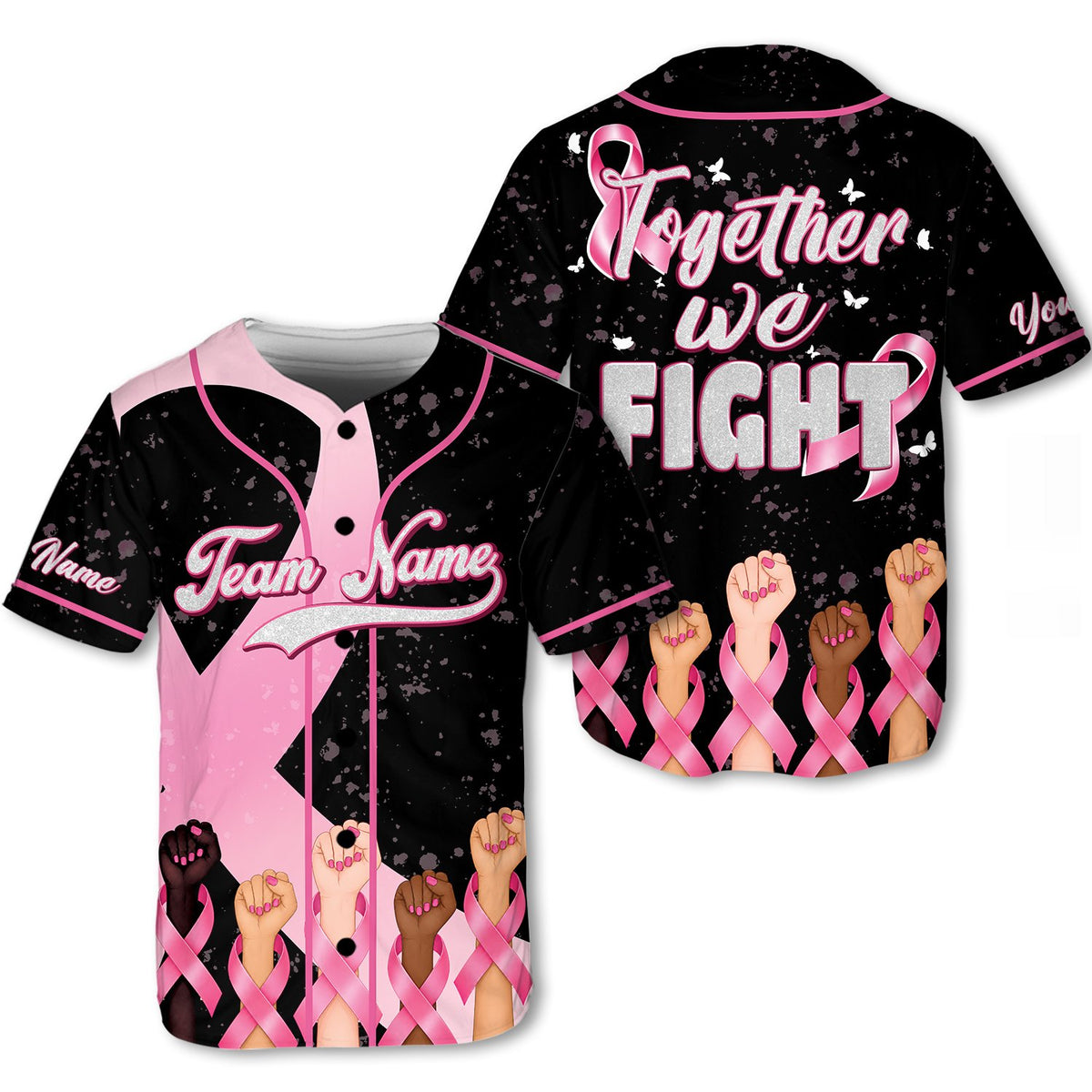 Front view of custom black baseball jersey with pink ribbon details