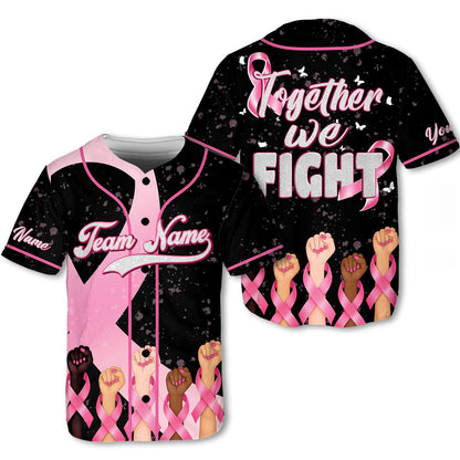 Front view of custom black baseball jersey with pink ribbon details
