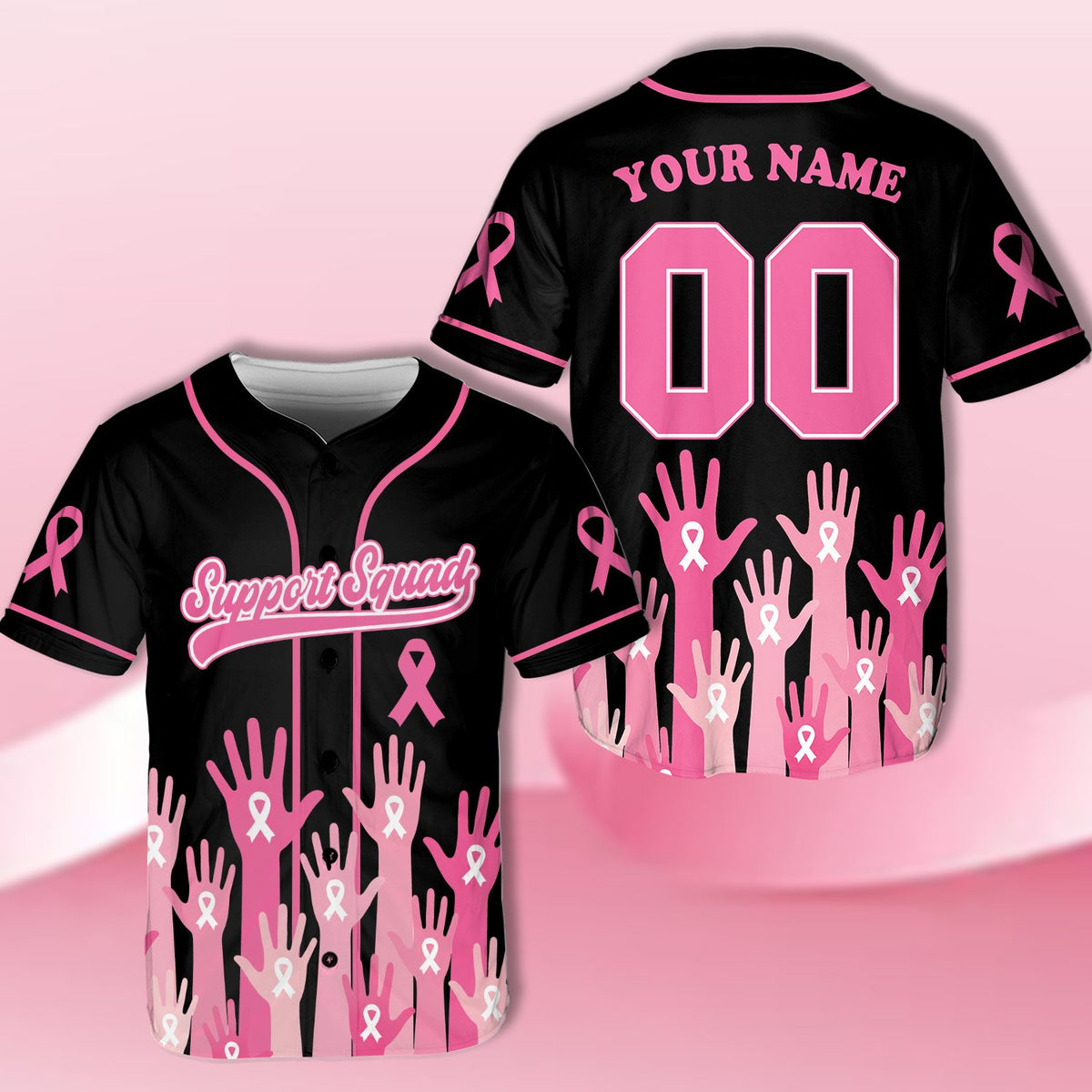 Full front layout of the black breast cancer awareness custom baseball jersey
