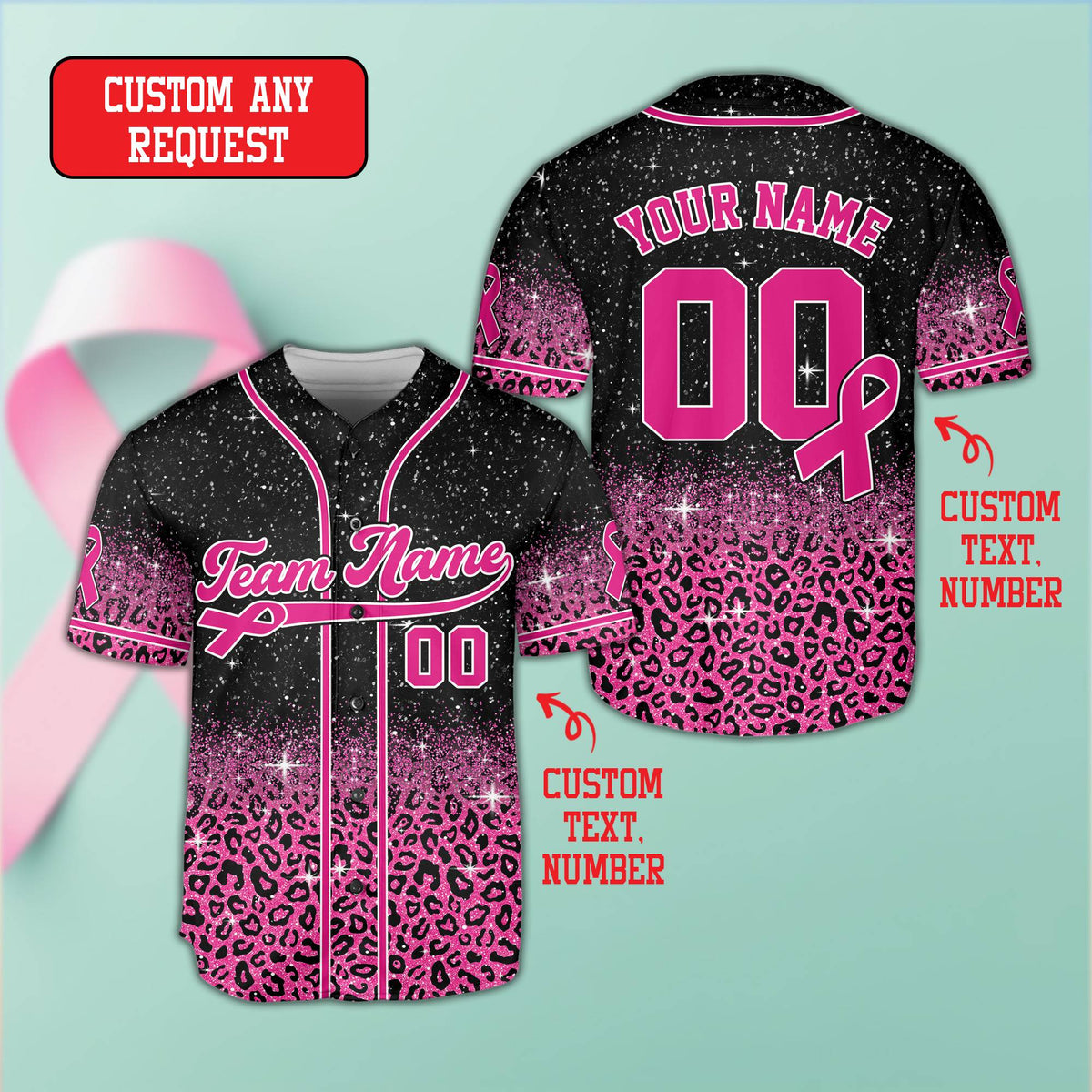 Black breast cancer awareness baseball jersey with custom details, front view