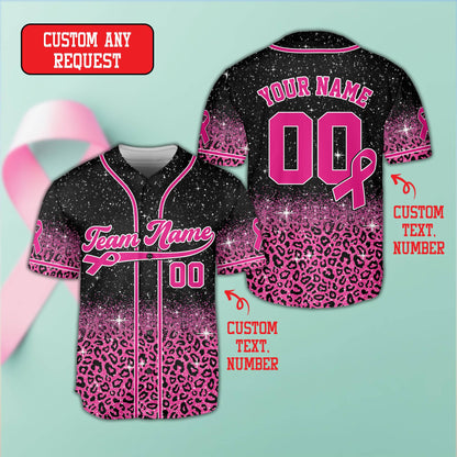 Black breast cancer awareness baseball jersey with custom details, front view