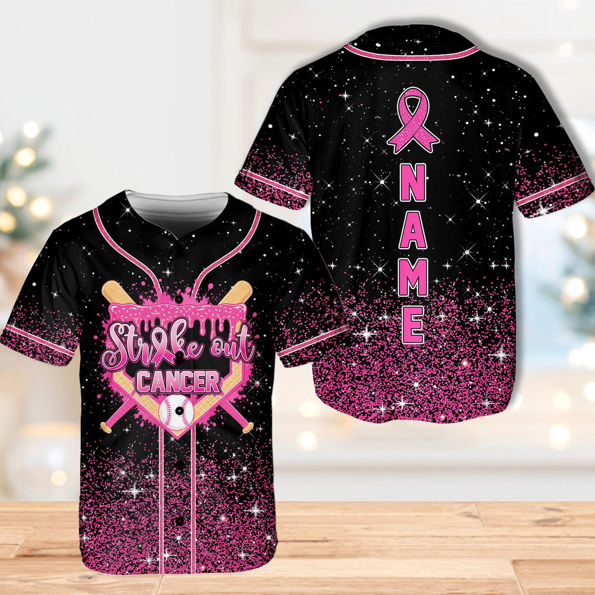 Black breast cancer awareness baseball jersey front view 5