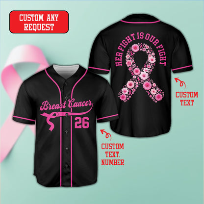 Black personalized breast cancer awareness baseball jersey front view