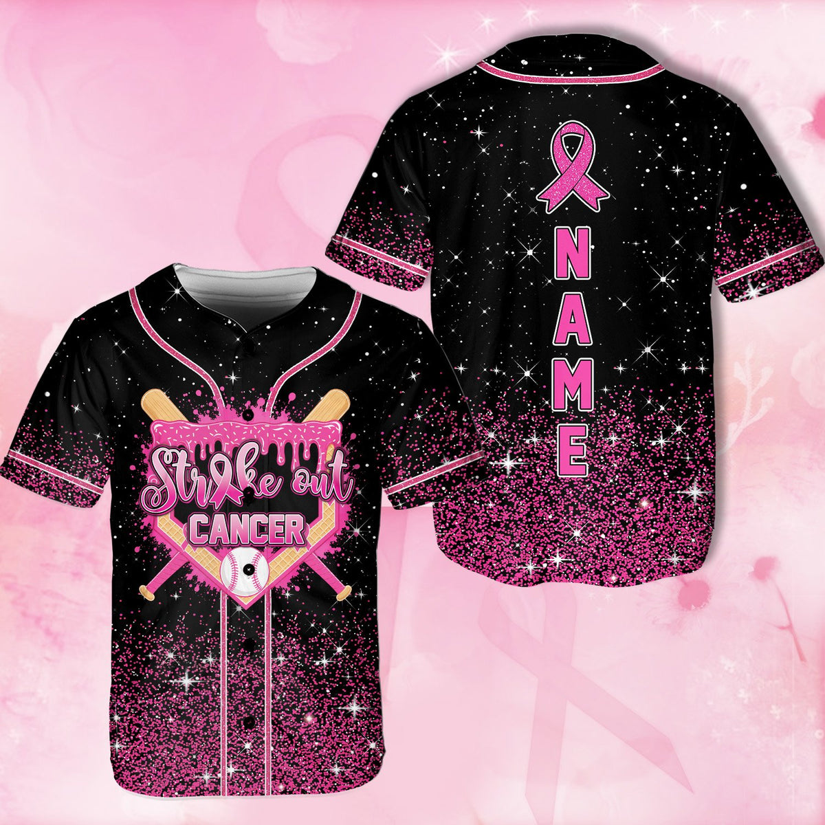 Black custom baseball jersey Strike out CANCER, front view 6