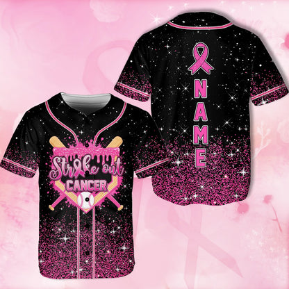 Black custom baseball jersey Strike out CANCER, front view 6