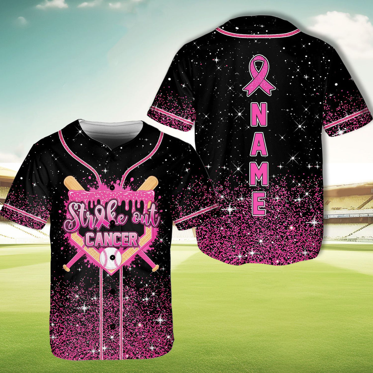 Black personalized jersey showing breast cancer ribbon on back, front view 7