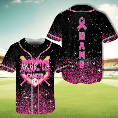 Black personalized jersey showing breast cancer ribbon on back, front view 7