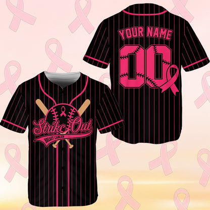 Front view of black personalized baseball jersey with Strike Out Breast Cancer design