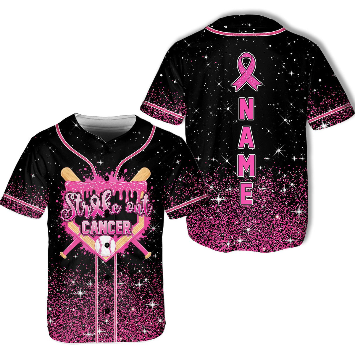 Personalized black breast cancer awareness baseball jersey with Strike out CANCER design, main view