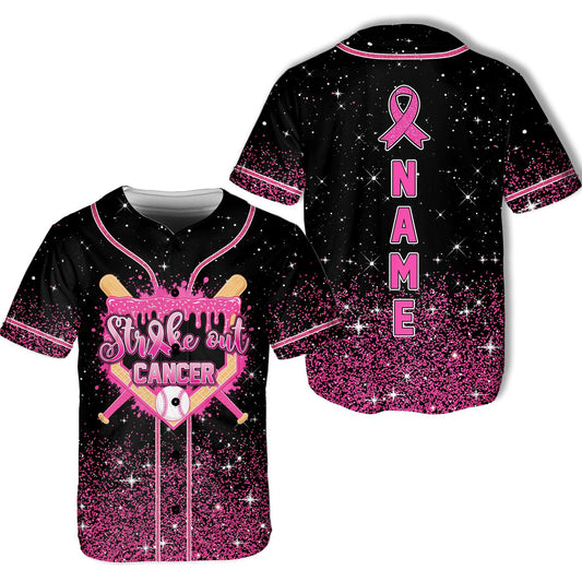 Personalized black breast cancer awareness baseball jersey with Strike out CANCER design, main view