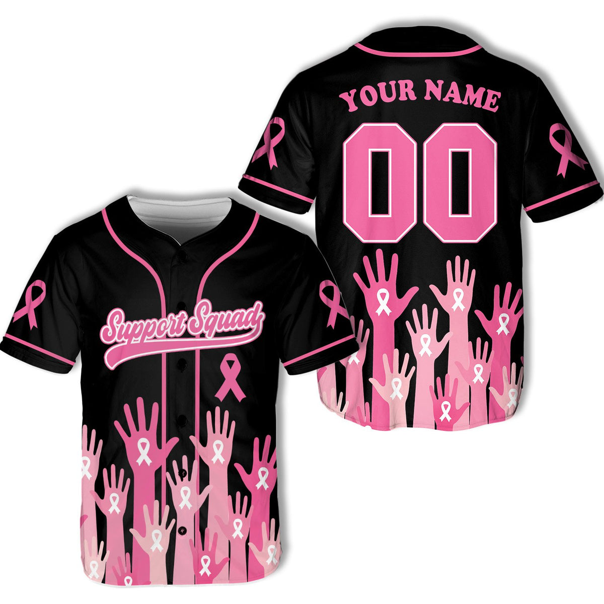 Personalized black breast baseball jersey with pink awareness ribbons and custom name, main view