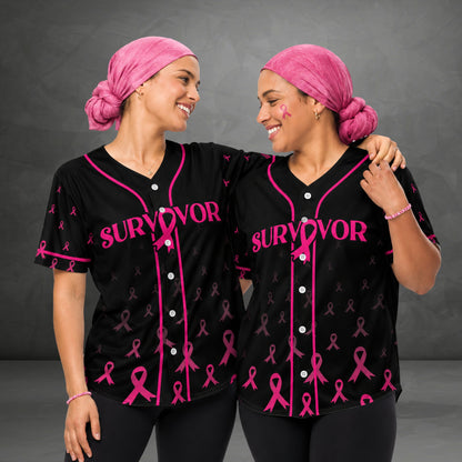 Person wearing a black breast cancer awareness baseball jersey outdoors