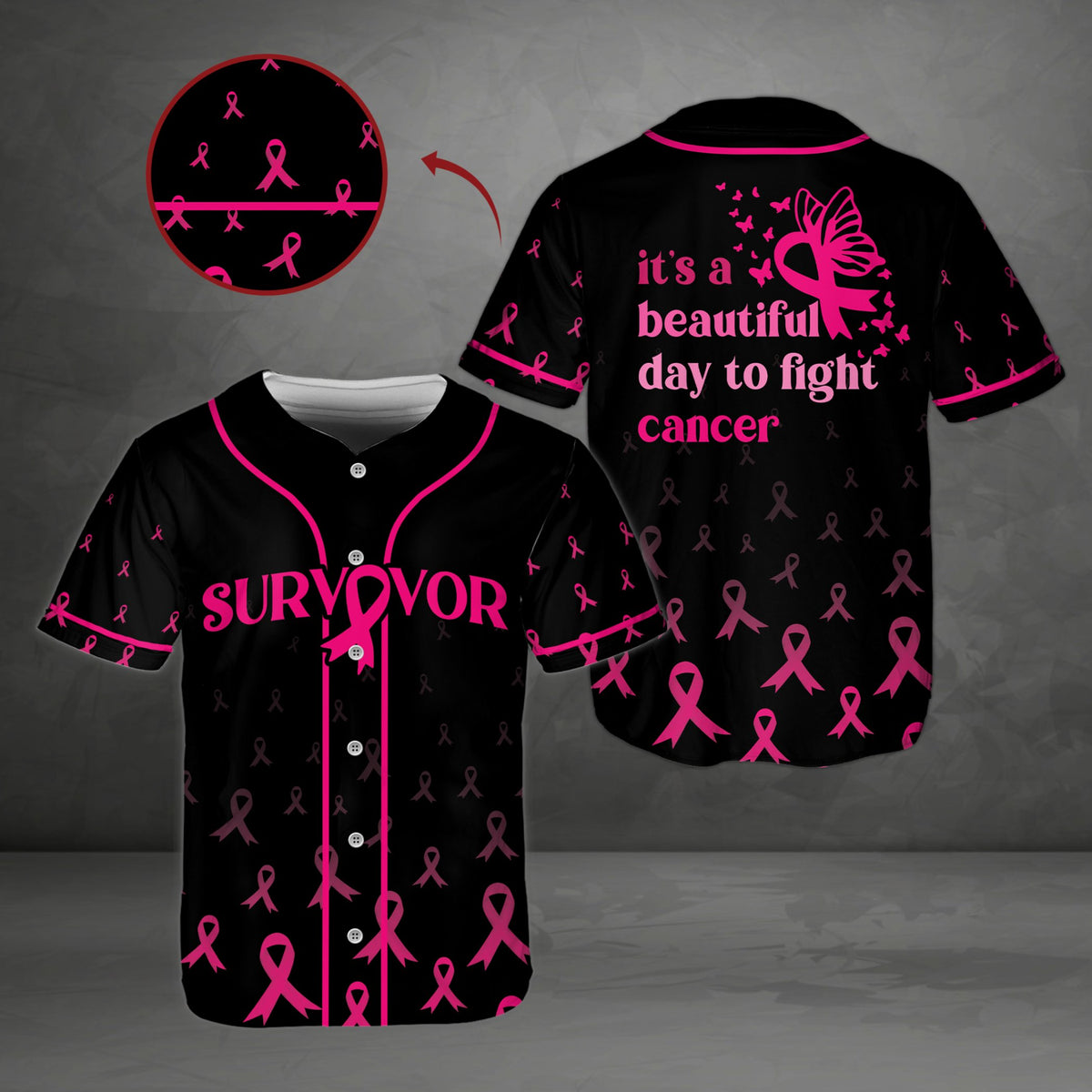 Black breast cancer awareness baseball jersey with pink ribbons