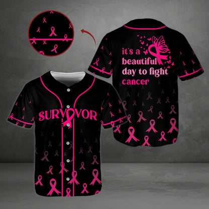 Black breast cancer awareness baseball jersey with pink ribbons