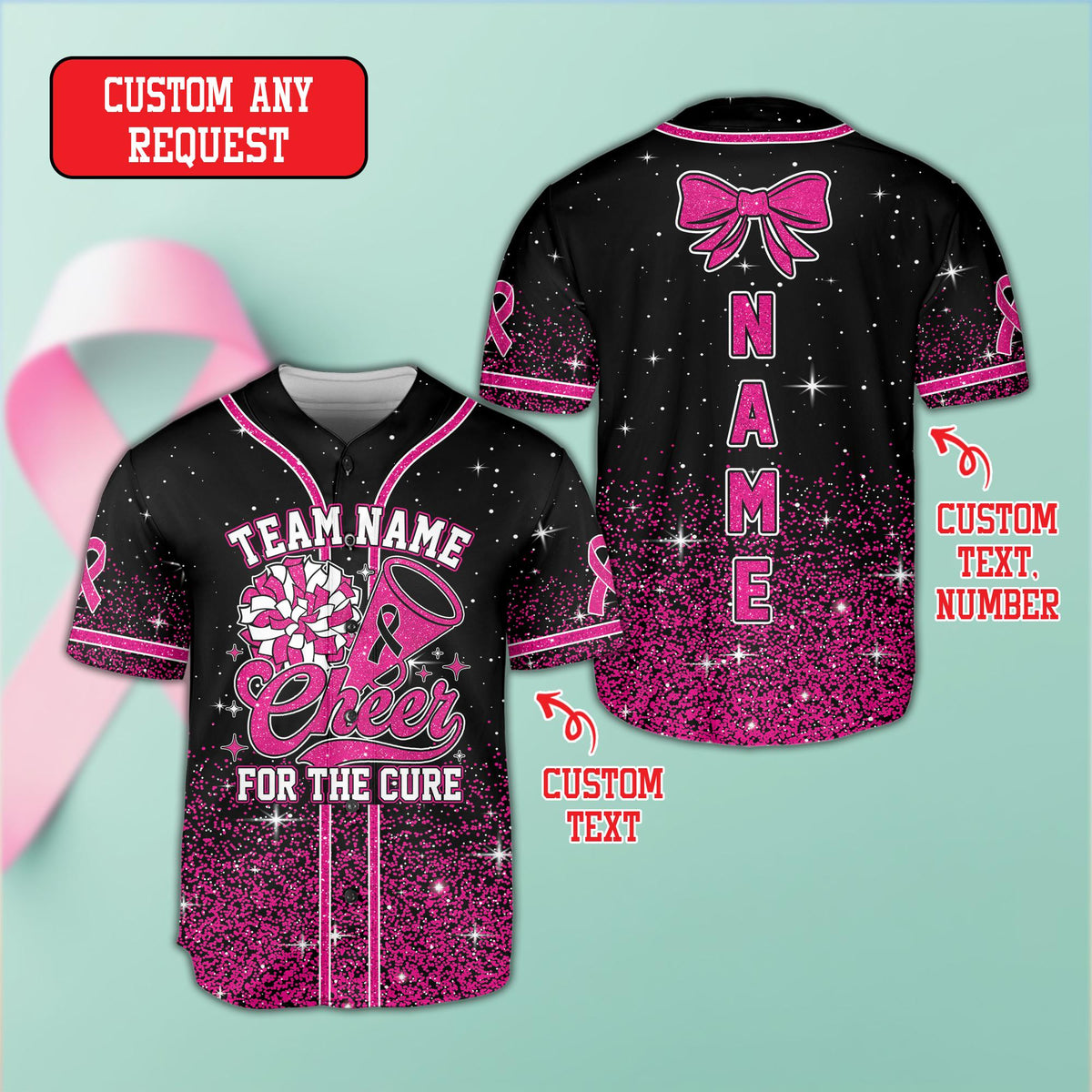 Personalized breast cancer awareness cheerleading baseball jersey, front view 2