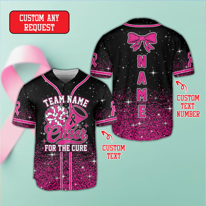 Personalized breast cancer awareness cheerleading baseball jersey, front view 2