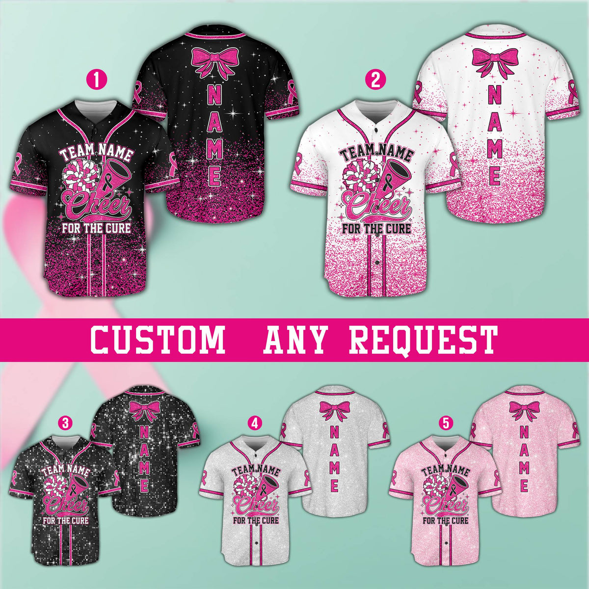 Personalized breast cancer awareness cheerleading baseball jersey, front view 1