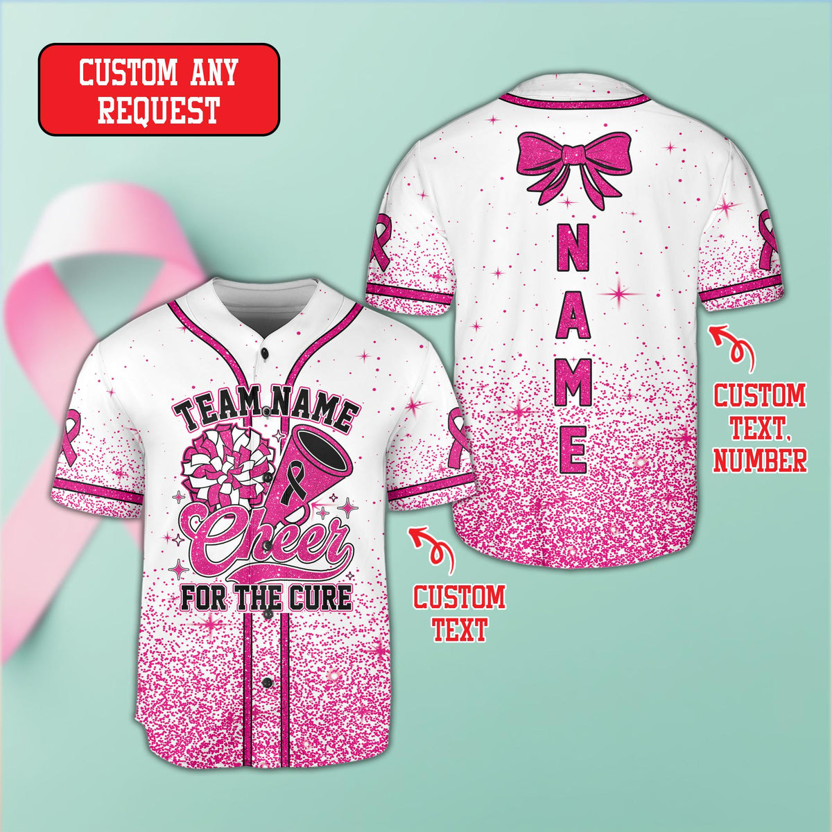 Personalized breast cancer awareness cheerleading baseball jersey, front view 3