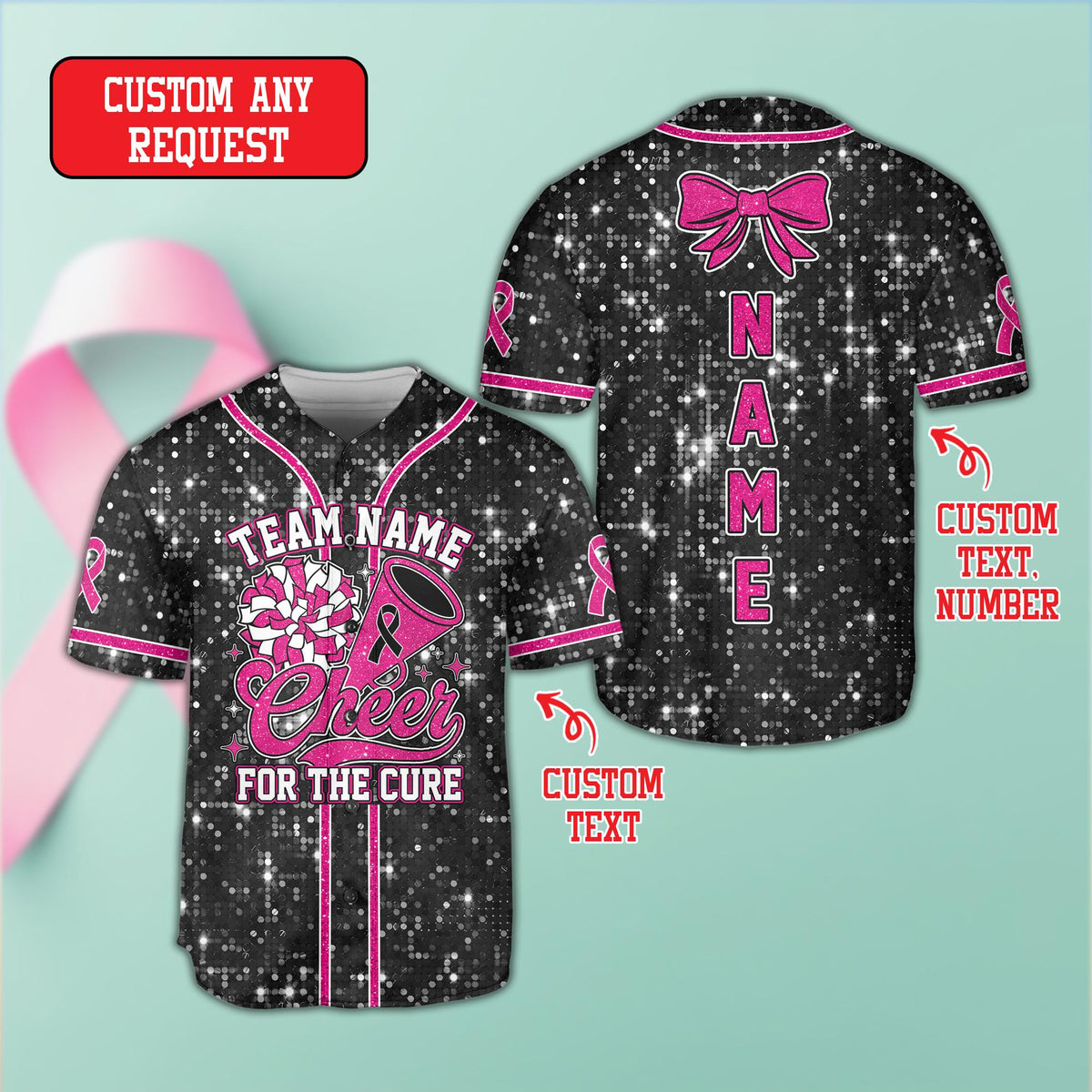 Personalized breast cancer awareness cheerleading baseball jersey, front view 4