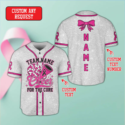 Personalized breast cancer awareness cheerleading baseball jersey, front view 5