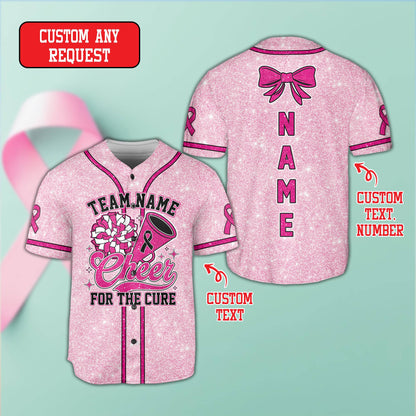 Personalized breast cancer awareness cheerleading baseball jersey, front view 6