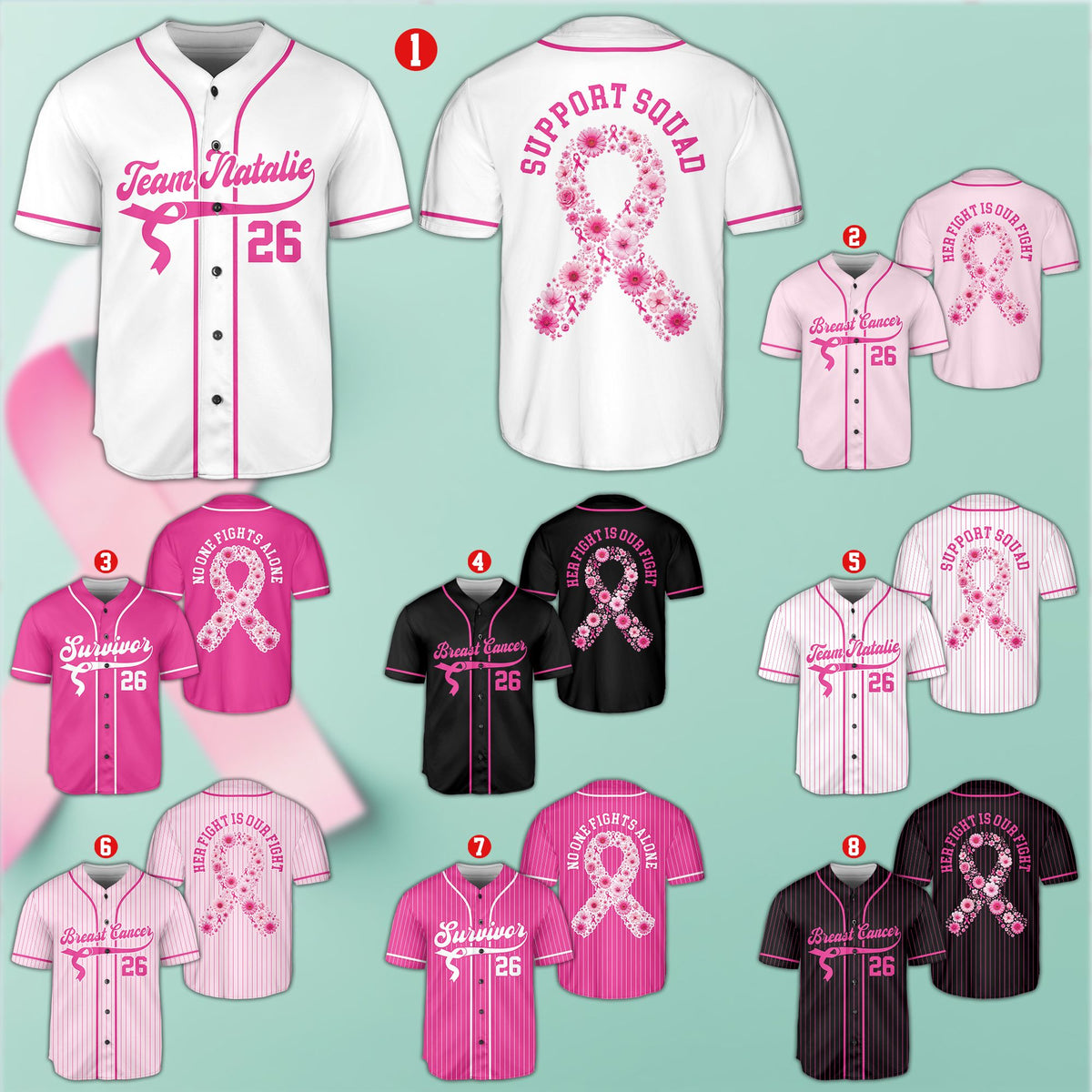 Multicolor personalized breast cancer awareness baseball jersey front view
