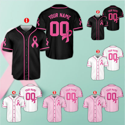 Multicolor custom breast cancer awareness baseball jersey, front view