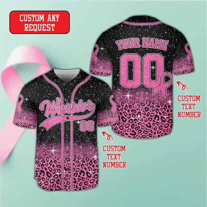 Front view of the personalized breast cancer awareness baseball jersey featuring Warrior text and leopard print