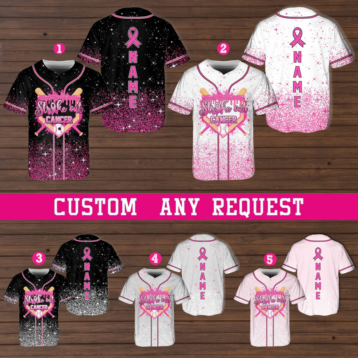 Multicolor custom baseball jersey showing pink home plate, front view 2