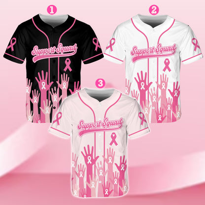 Alternate front view of custom baseball jersey with pink ribbons on a dark background