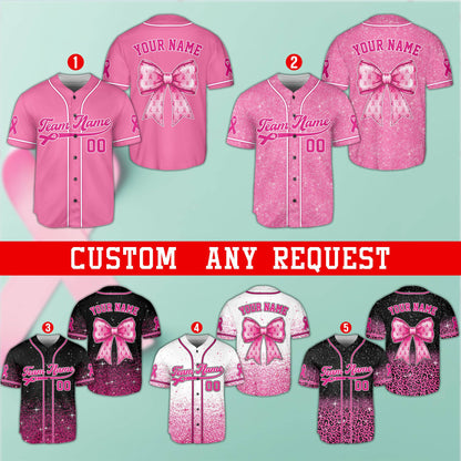 Front view of personalized baseball jersey breast cancer awareness multicolor