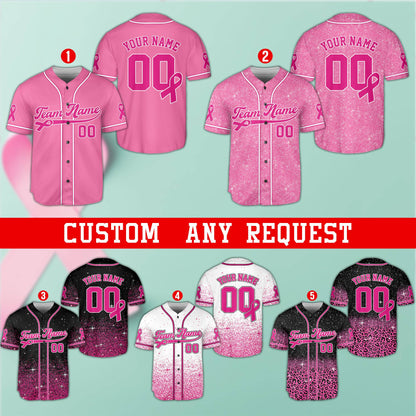 Personalized breast cancer awareness baseball jersey, multicolor front view