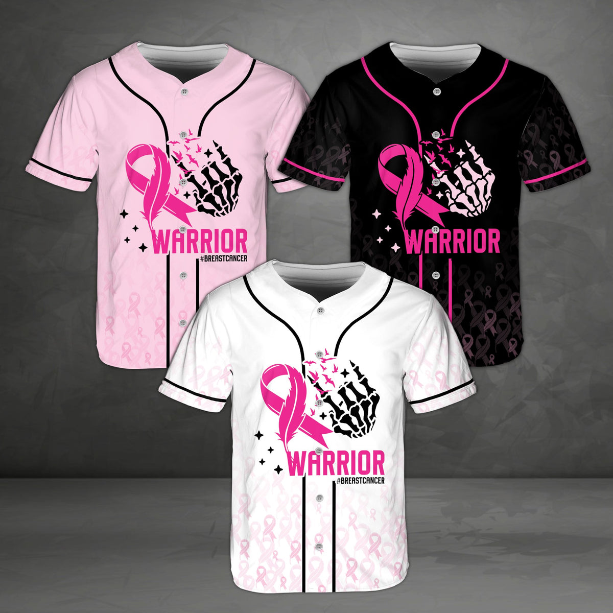 Front view of the multicolor breast cancer awareness baseball jersey