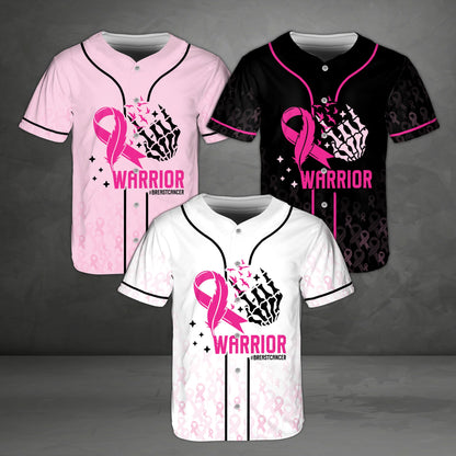 Front view of the multicolor breast cancer awareness baseball jersey