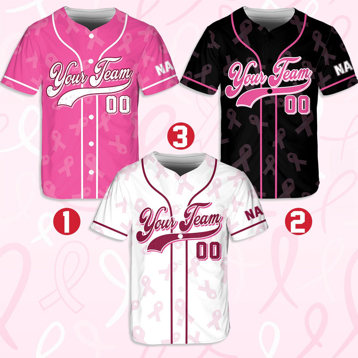 Close-up front view of the breast cancer awareness baseball jersey design