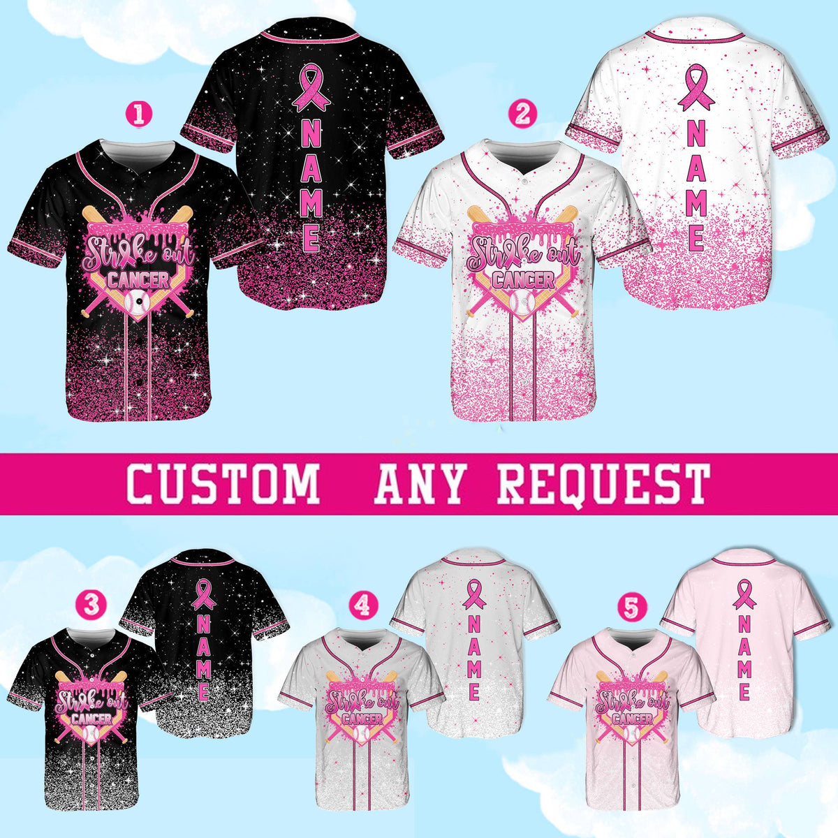 Multicolor baseball jersey with name on back and pink ribbon, front view 3
